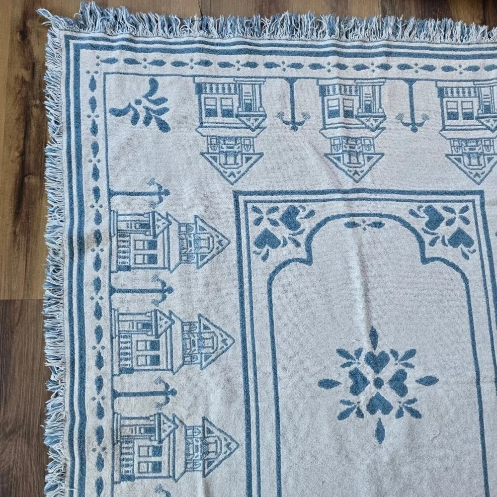 Vtg 80s/90s Blue Victorian House Woven Throw Blanket Hearts Country Cottagecore‎